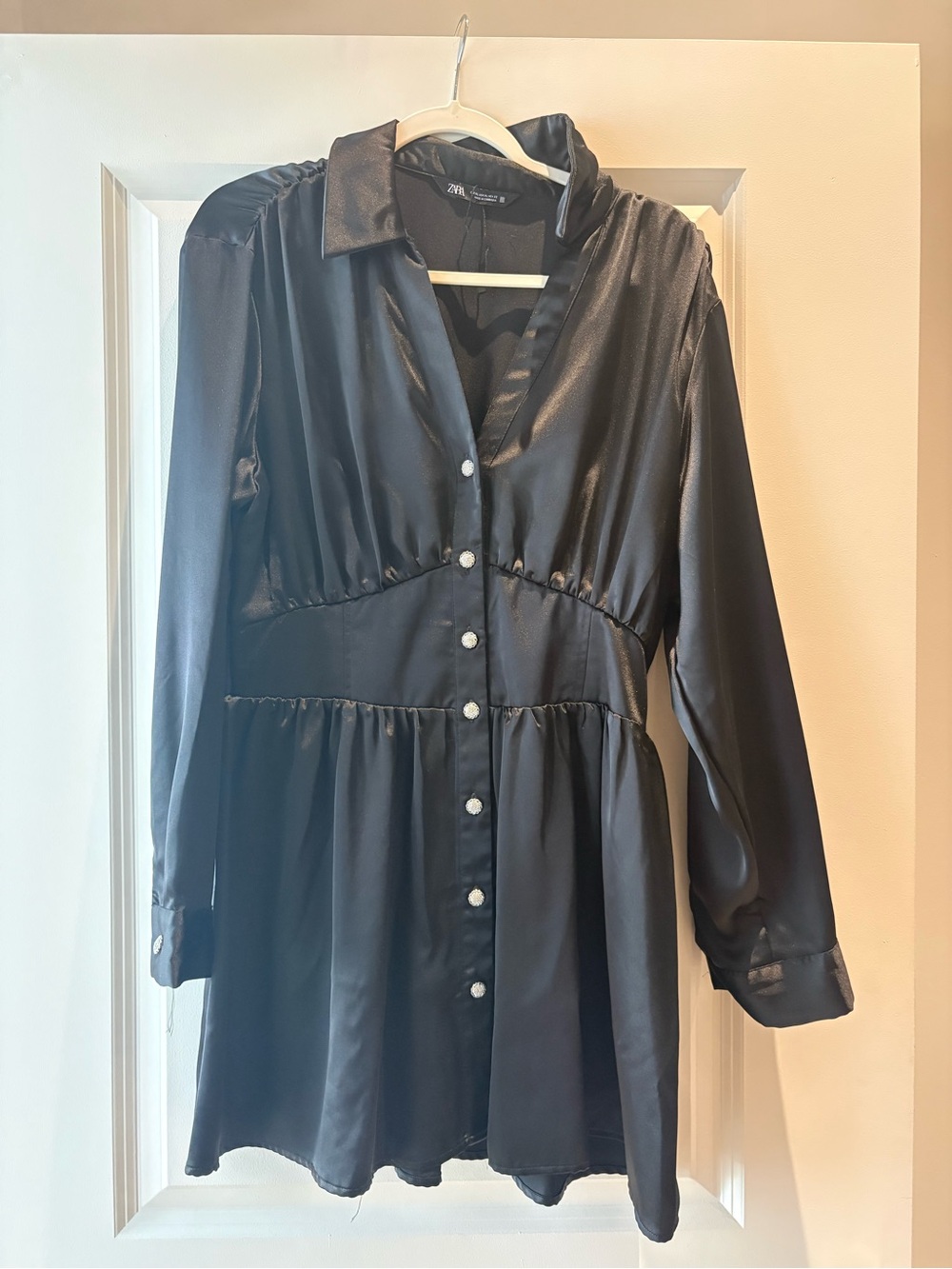 Zara Black Satin Long-Sleeve Button-Front Dress